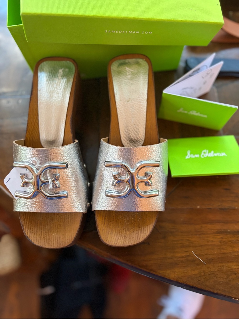 Sam Edelman Silver Metallic Leather Wood Clog Mules Size 38